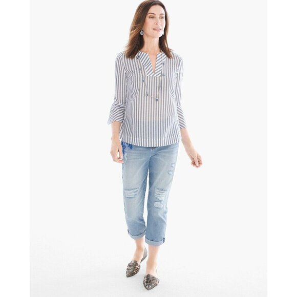 CHICO'S Fluted Sleeve Blouse Top Size 1 Cotton White Blue Striped Notch Neckline - Picture 1 of 7